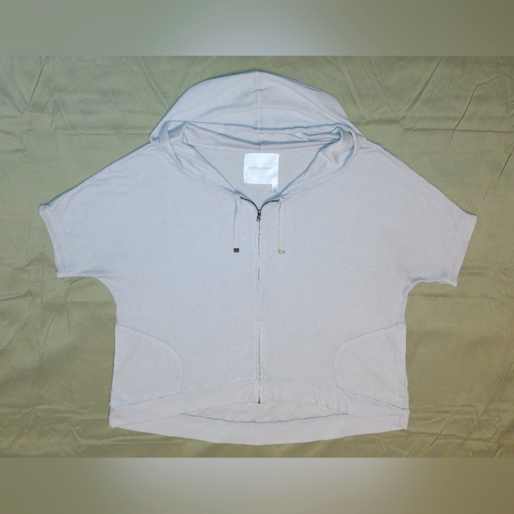 Victoria's Secret Light Gray Short Sleeve Zip-Up W/ Hoodie